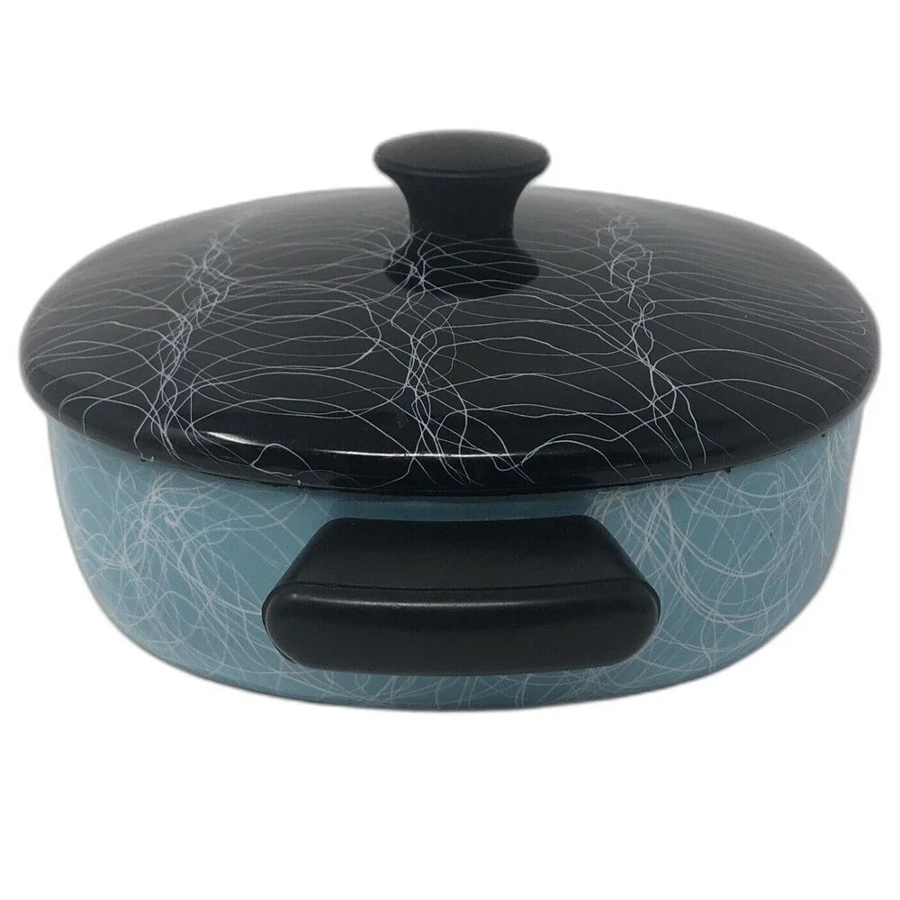 Serendipity 2 Qt Casserole MCM Spaghetti Drizzle Enamel Turquoise Black Cookware